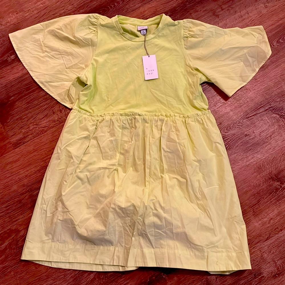 Neon yellow new day mini dress with flutter sleeves